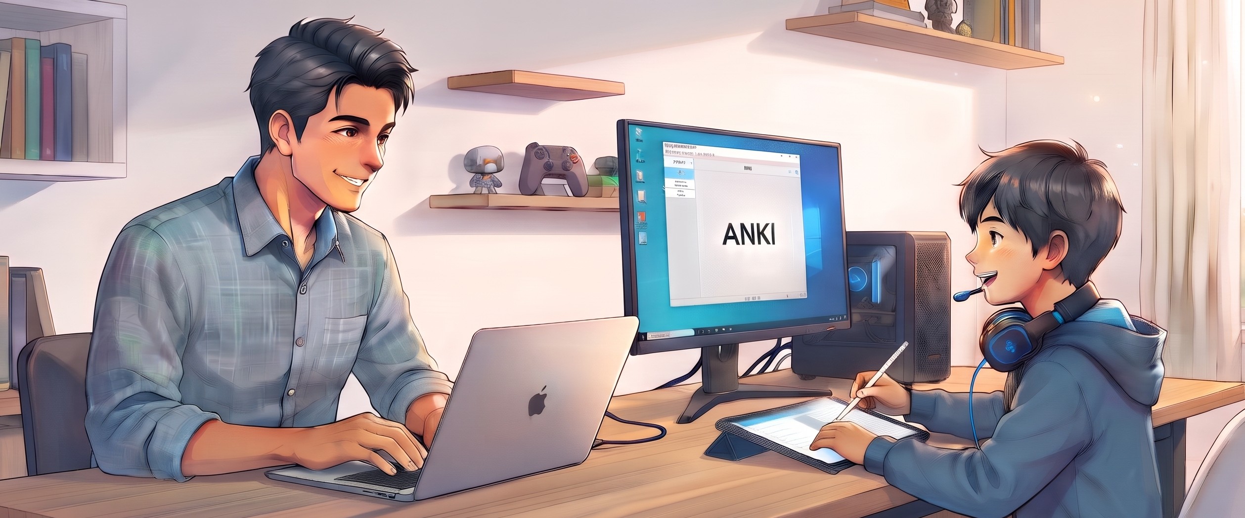 パソコンの前でAnkiに取り組む親子のイラスト